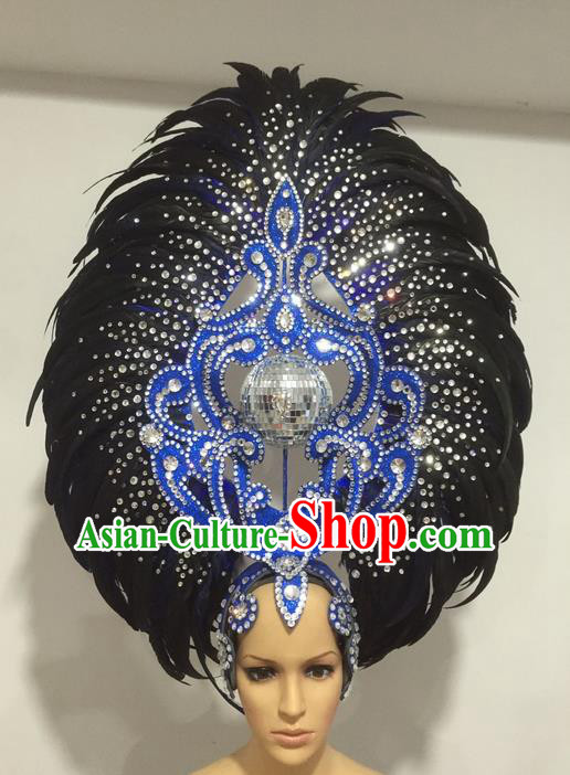 Top Grade Professional Stage Show Halloween Big Hair Accessories Decorations, Brazilian Rio Carnival Samba Opening Dance Black Feather Headpiece for Women