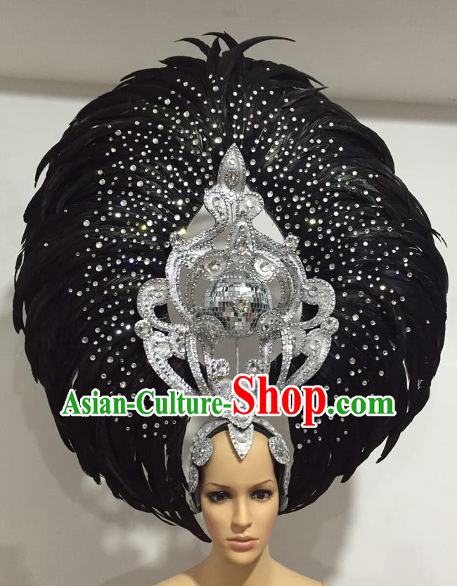 Top Grade Professional Stage Show Halloween Big Hair Accessories Decorations, Brazilian Rio Carnival Samba Opening Dance Black Feather Headpiece for Women