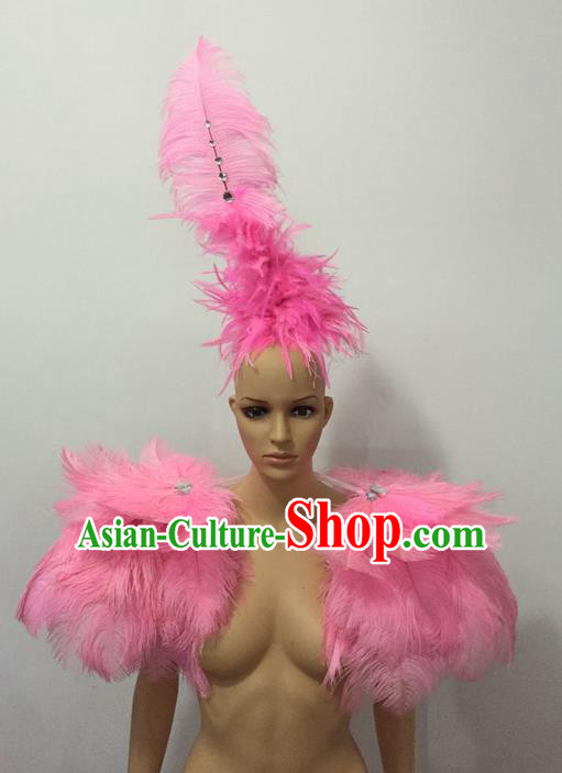 Top Grade Professional Stage Show Halloween Clothing and Headpiece Decorations, Brazilian Rio Carnival Samba Opening Dance Props Pink Feather Costumes for Women