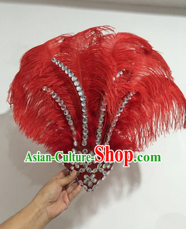 Top Grade Professional Stage Show Halloween Hair Accessories Decorations, Brazilian Rio Carnival Parade Samba Opening Dance Red Feather Headpiece for Women