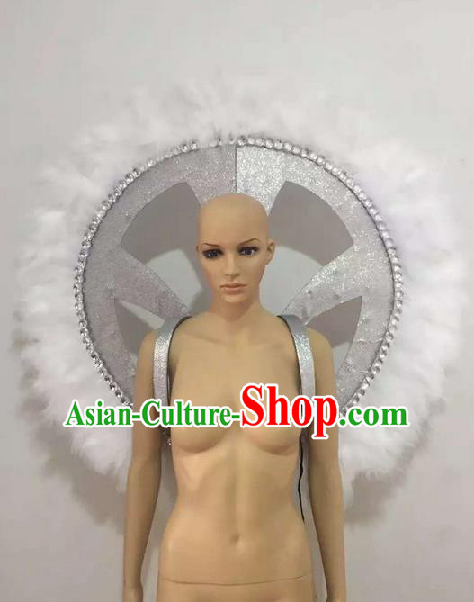 Top Grade Professional Stage Show Halloween Props Decorations, Brazilian Rio Carnival Parade Samba Opening Dance White Feather Round Backplane for Women