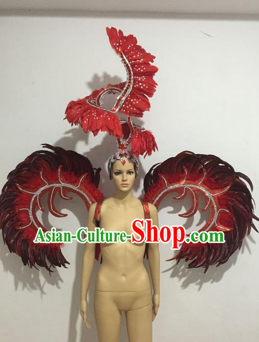 Top Grade Professional Stage Show Halloween Props Decorations Wings and Headpiece, Brazilian Rio Carnival Parade Samba Opening Dance Red Feather Backplane for Women