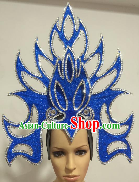 Top Grade Professional Stage Show Giant Headpiece Parade Hair Accessories Decorations, Brazilian Rio Carnival Samba Opening Dance Blue Headwear for Women