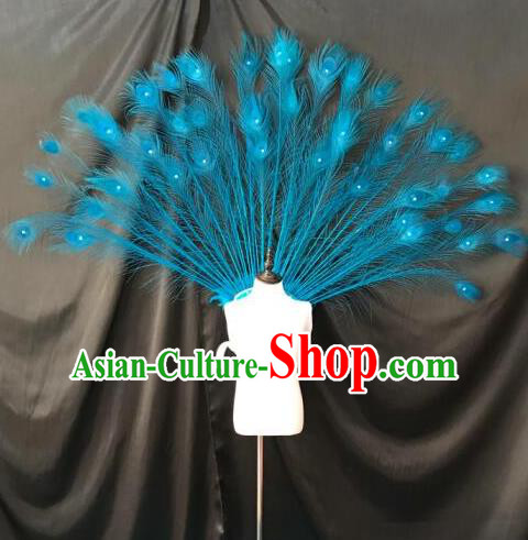 Top Grade Professional Stage Show Halloween Props Wings, Brazilian Rio Carnival Parade Samba Dance Modern Fancywork Blue Feather Backplane for Kids
