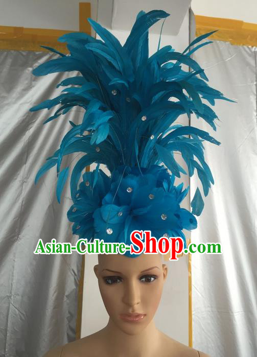 Top Grade Professional Stage Show Halloween Halloween Hair Accessories Decorations, Brazilian Rio Carnival Parade Samba Dance Modern Fancywork Blue Feather Headpiece for Kids