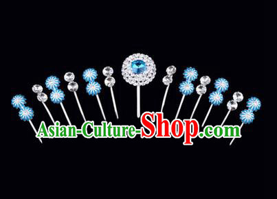 Chinese Ancient Peking Opera Hair Accessories Young Lady Headwear Complete Set, Traditional Chinese Beijing Opera Head Ornaments Hua Tan Crystal Blue Hairpins