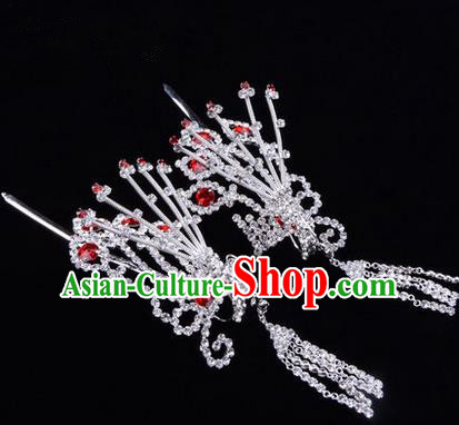 Chinese Ancient Peking Opera Hair Accessories Young Lady Diva Red Phoenix Headwear, Traditional Chinese Beijing Opera Head Ornaments Hua Tan Crystal Hairpins