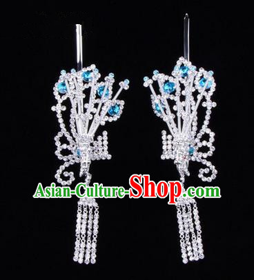Chinese Ancient Peking Opera Hair Accessories Young Lady Diva Blue Phoenix Headwear, Traditional Chinese Beijing Opera Head Ornaments Hua Tan Crystal Hairpins