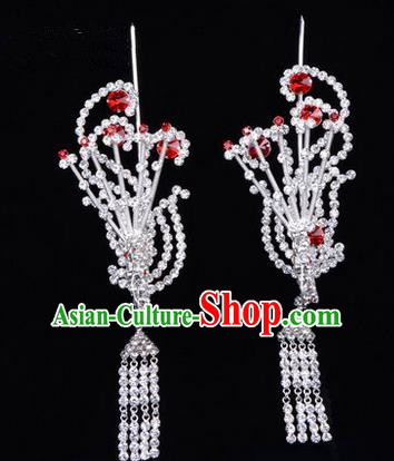 Chinese Ancient Peking Opera Hair Accessories Young Lady Diva Tassel Phoenix Headwear, Traditional Chinese Beijing Opera Head Ornaments Hua Tan Red Crystal Hairpins