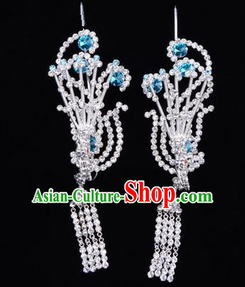 Chinese Ancient Peking Opera Hair Accessories Young Lady Diva Tassel Phoenix Headwear, Traditional Chinese Beijing Opera Head Ornaments Hua Tan Blue Crystal Hairpins