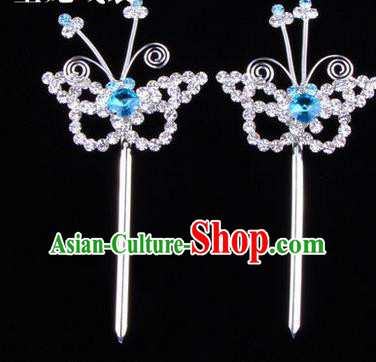 Chinese Ancient Peking Opera Hair Accessories Young Lady Diva Butterfly Headwear, Traditional Chinese Beijing Opera Head Ornaments Hua Tan Blue Crystal Hairpins