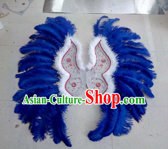 Top Grade Professional Stage Show Halloween Props Decorations Wings, Brazilian Rio Carnival Parade Samba Dance Blue Feather Catwalks Backplane for Women