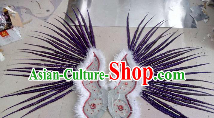 Top Grade Professional Stage Show Halloween Props Decorations Wings, Brazilian Rio Carnival Parade Samba Dance Purple Long Feather Catwalks Backplane for Women