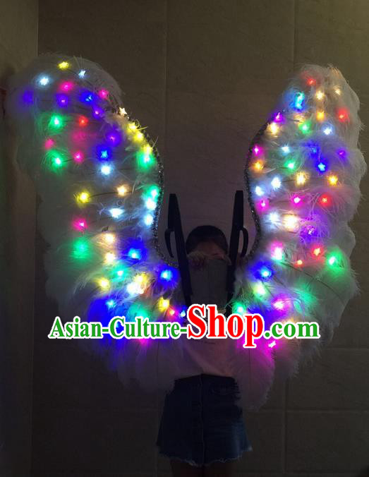 Top Grade Professional Stage Show Halloween Props Decorations Led Light Wings, Brazilian Rio Carnival Parade Samba Dance Catwalks White Feather Backplane for Women