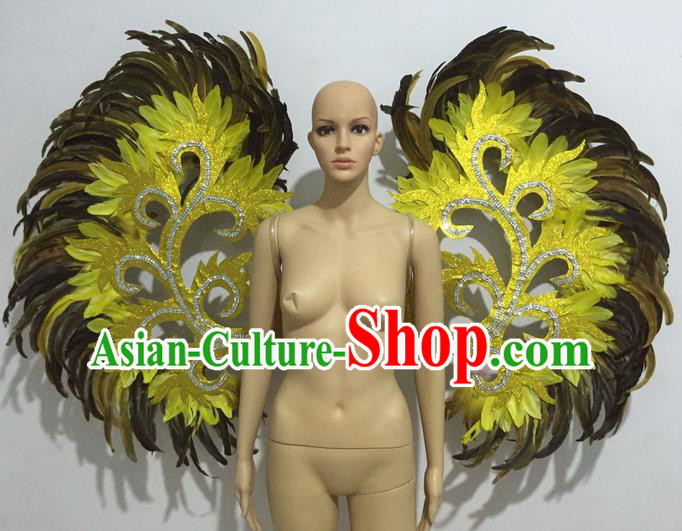 Top Grade Professional Stage Show Halloween Props Decorations Wings, Brazilian Rio Carnival Parade Samba Dance Catwalks Yellow Feather Backplane for Women