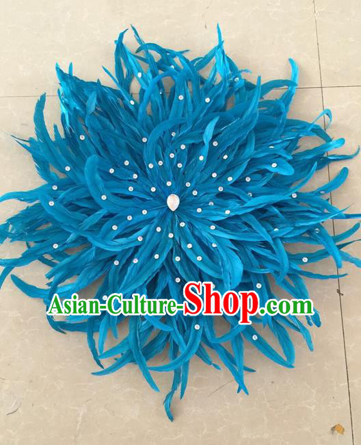 Top Grade Professional Stage Show Halloween Parade Blue Feather Hair Accessories, Brazilian Rio Carnival Parade Samba Dance Catwalks Headpiece for Women