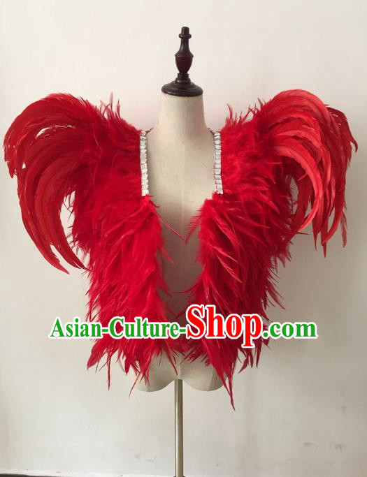 Top Grade Professional Stage Show Halloween Parade Costumes, Brazilian Rio Carnival Parade Samba Dance Catwalks Red Feather Clothing for Kids