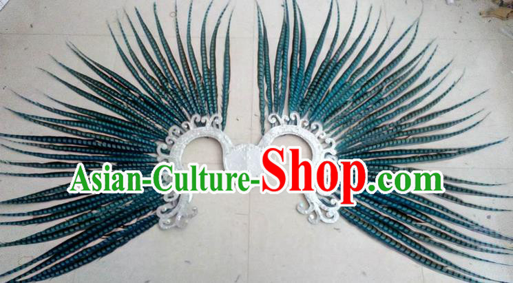 Top Grade Professional Stage Show Halloween Props Decorations, Brazilian Rio Carnival Parade Samba Dance Blue Feather Catwalks Backplane for Women