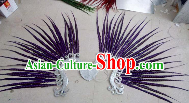 Top Grade Professional Stage Show Halloween Props Decorations, Brazilian Rio Carnival Parade Samba Dance Purple Feather Catwalks Backplane for Women