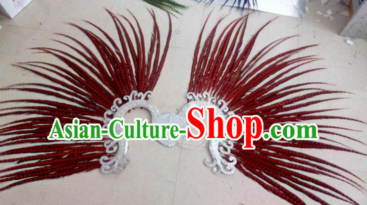 Top Grade Professional Stage Show Halloween Props Decorations, Brazilian Rio Carnival Parade Samba Dance Red Feather Catwalks Backplane for Women