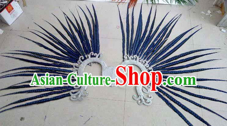 Top Grade Professional Stage Show Halloween Props Decorations, Brazilian Rio Carnival Parade Samba Dance Blue Feather Catwalks Backplane for Women