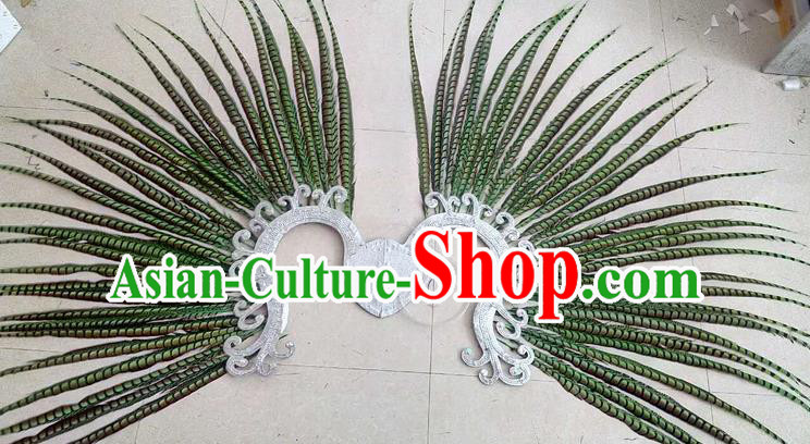 Top Grade Professional Stage Show Halloween Props Decorations, Brazilian Rio Carnival Parade Samba Dance Green Feather Catwalks Backplane for Women