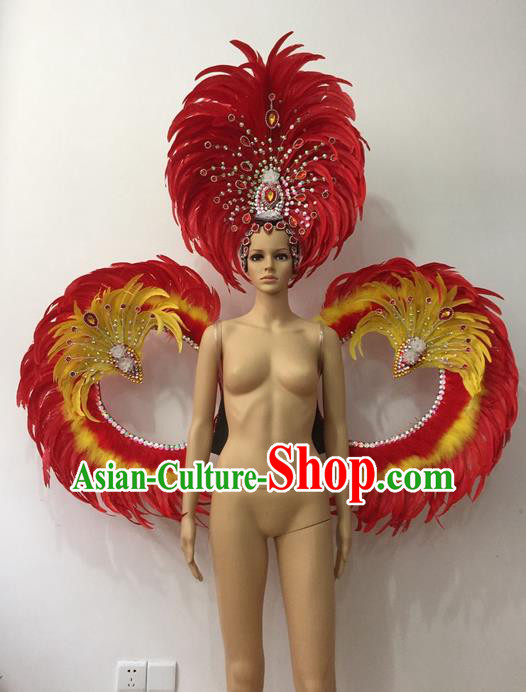 Top Grade Professional Stage Show Halloween Parade Props Decorations Wings and Headpiece, Brazilian Rio Carnival Parade Samba Dance Red Feather Backplane for Women