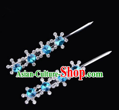 Chinese Ancient Peking Opera Hair Accessories Young Lady Diva Head Ornaments, Traditional Chinese Beijing Opera Hua Tan Blue Crystal Four Beads Hairpins