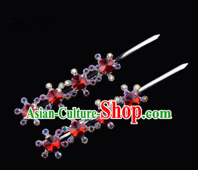 Chinese Ancient Peking Opera Hair Accessories Young Lady Diva Head Ornaments, Traditional Chinese Beijing Opera Hua Tan Red Colorful Crystal Four Beads Hairpins