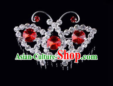 Chinese Ancient Peking Opera Jewelry Accessories Young Lady Diva Butterfly Brooch, Traditional Chinese Beijing Opera Hua Tan Red Crystal Breastpin
