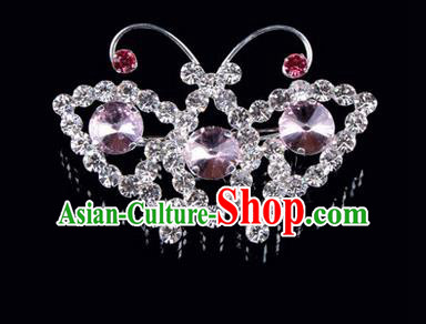 Chinese Ancient Peking Opera Jewelry Accessories Young Lady Diva Butterfly Brooch, Traditional Chinese Beijing Opera Hua Tan Pink Crystal Breastpin