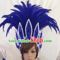 Top Grade Professional Stage Show Halloween Parade Blue Feather Hair Accessories, Brazilian Rio Carnival Parade Samba Dance Catwalks Headpiece for Women