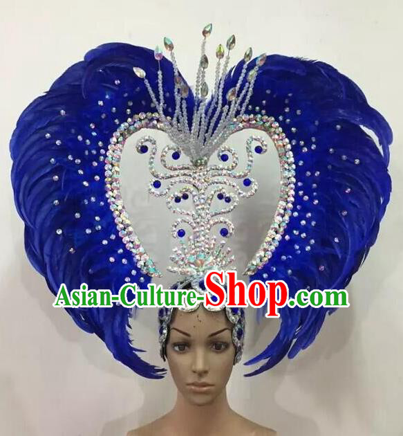 Top Grade Professional Stage Show Halloween Parade Blue Feather Big Hair Accessories, Brazilian Rio Carnival Parade Samba Dance Catwalks Headwear for Women
