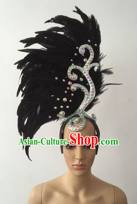 Top Grade Professional Stage Show Halloween Parade Black Feather Deluxe Hair Accessories, Brazilian Rio Carnival Parade Samba Dance Catwalks Headwear for Women