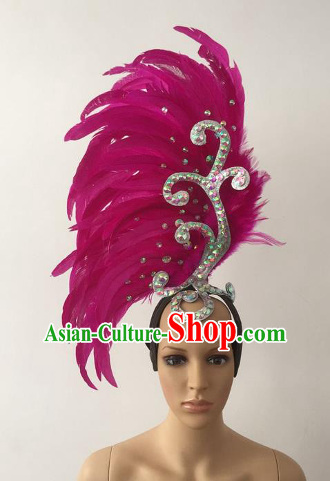 Top Grade Professional Stage Show Halloween Parade Rosy Feather Deluxe Hair Accessories, Brazilian Rio Carnival Parade Samba Dance Catwalks Headwear for Women