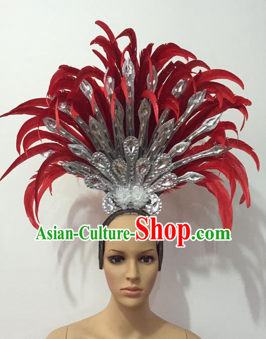 Top Grade Professional Stage Show Halloween Parade Red Feather Extravagant Brazilian Rio Carnival Parade Samba Dance Headpiece for Women
