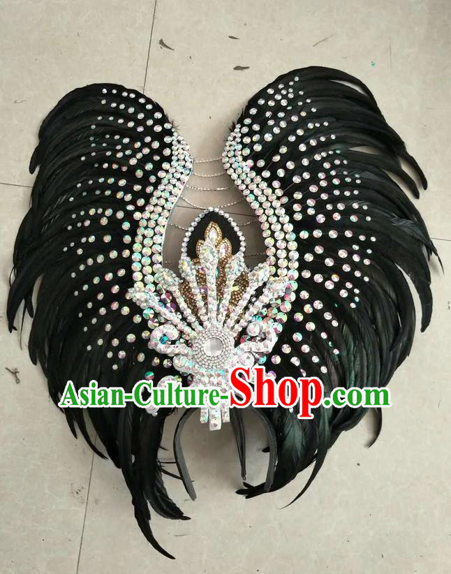 Top Grade Professional Stage Show Halloween Parade Exaggerated Black Feather Hair Accessories, Brazilian Rio Carnival Samba Dance Headwear for Women