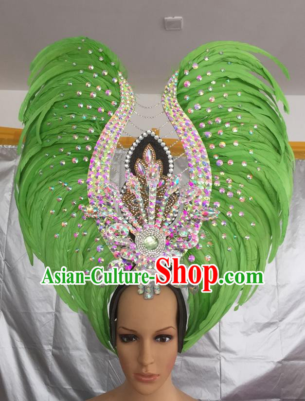 Top Grade Professional Stage Show Halloween Parade Exaggerated Green Feather Hair Accessories, Brazilian Rio Carnival Samba Dance Headwear for Women