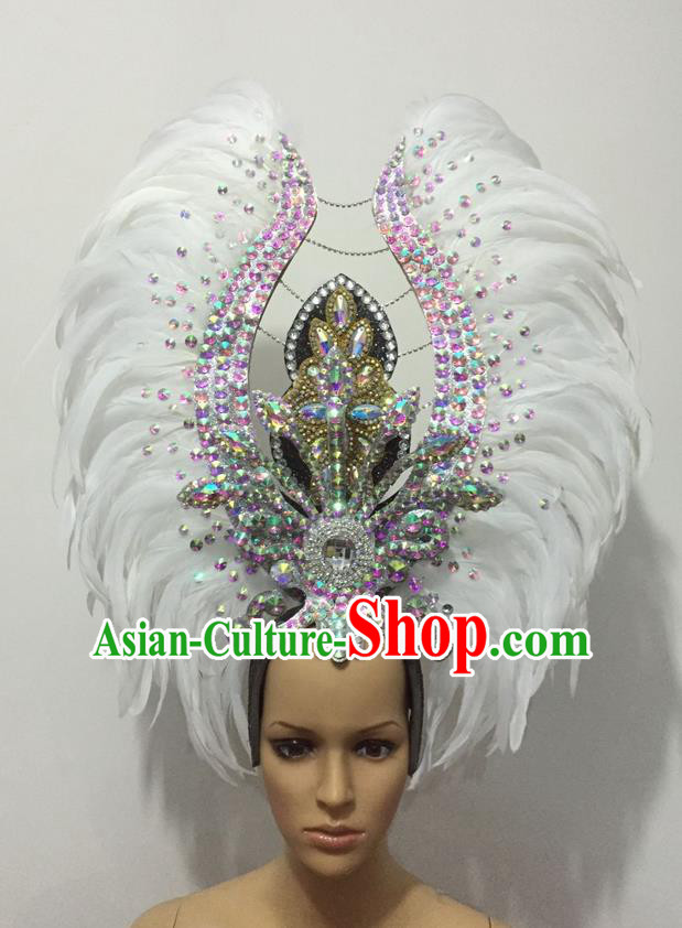 Top Grade Professional Stage Show Halloween Parade Exaggerated White Feather Hair Accessories, Brazilian Rio Carnival Samba Dance Headwear for Women