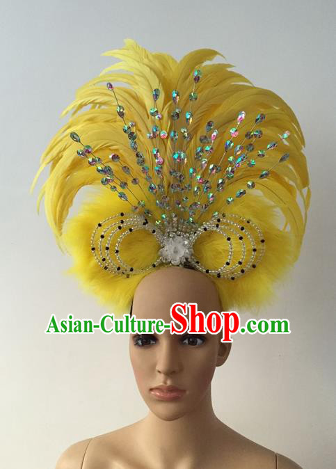 Top Grade Professional Stage Show Halloween Parade Yellow Feather Hair Accessories, Brazilian Rio Carnival Samba Dance Crystal Headwear for Women