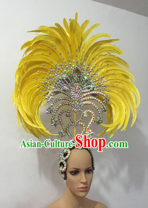 Top Grade Professional Stage Show Halloween Parade Yellow Feather Hair Accessories, Brazilian Rio Carnival Samba Dance Crystal Headwear for Women