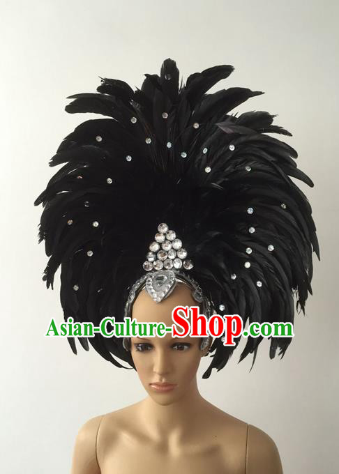 Top Grade Professional Stage Show Halloween Parade Black Feather Deluxe Hair Accessories, Brazilian Rio Carnival Samba Dance Modern Fancywork Headwear for Women