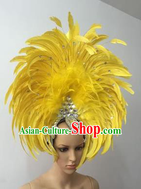 Top Grade Professional Stage Show Halloween Parade Yellow Feather Deluxe Hair Accessories, Brazilian Rio Carnival Samba Dance Modern Fancywork Headwear for Women