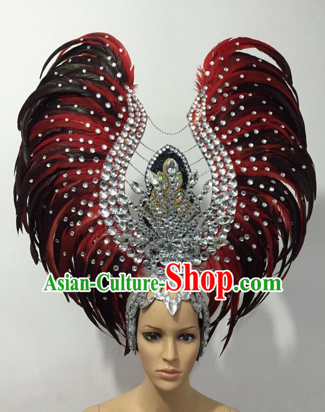 Top Grade Professional Stage Show Halloween Parade Black Red Feather Deluxe Hair Accessories, Brazilian Rio Carnival Samba Dance Modern Fancywork Headwear for Women