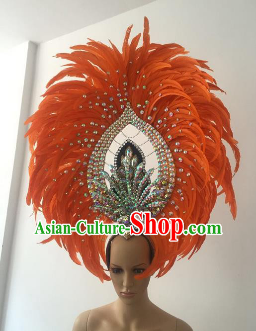 Top Grade Professional Stage Show Halloween Parade Orange Feather Deluxe Hair Accessories, Brazilian Rio Carnival Samba Dance Modern Fancywork Crystal Headwear for Women