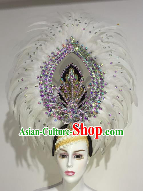 Top Grade Professional Stage Show Halloween Parade White Feather Deluxe Hair Accessories, Brazilian Rio Carnival Samba Dance Modern Fancywork Crystal Headwear for Women