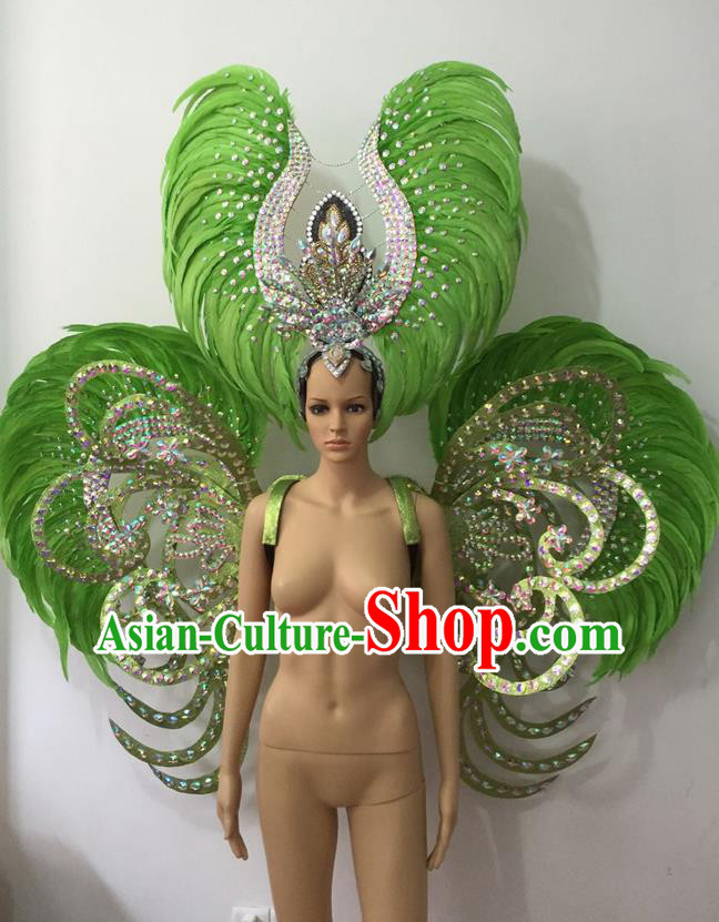 Top Grade Professional Stage Show Halloween Parade Green Feather Deluxe Butterfly Wings and Hair Accessories, Brazilian Rio Carnival Samba Dance Modern Fancywork Backplane for Women