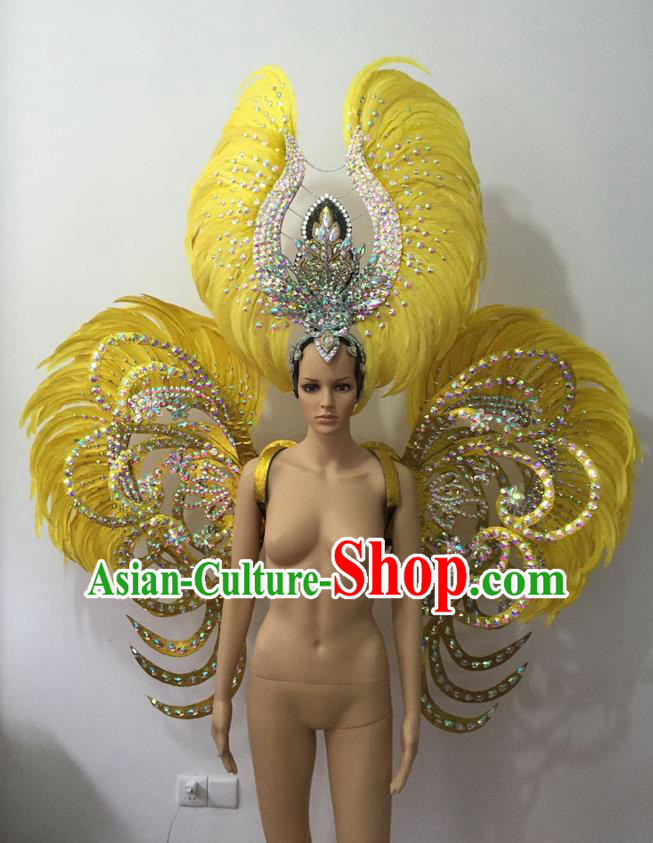 Top Grade Professional Stage Show Halloween Parade Yellow Feather Deluxe Butterfly Wings and Hair Accessories, Brazilian Rio Carnival Samba Dance Modern Fancywork Backplane for Women