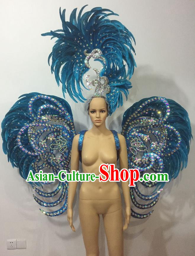 Top Grade Professional Stage Show Halloween Parade Blue Feather Deluxe Butterfly Wings and Hair Accessories, Brazilian Rio Carnival Samba Dance Modern Fancywork Backplane for Women