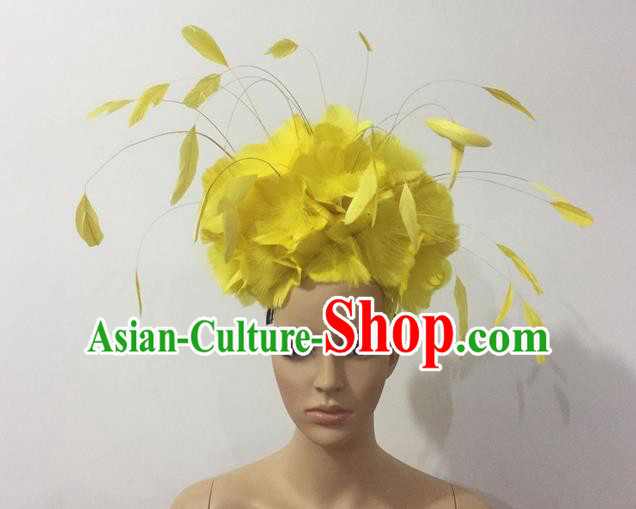 Top Grade Professional Stage Show Halloween Parade Yellow Feather Deluxe Hair Accessories, Brazilian Rio Carnival Samba Dance Modern Fancywork Headpiece for Women